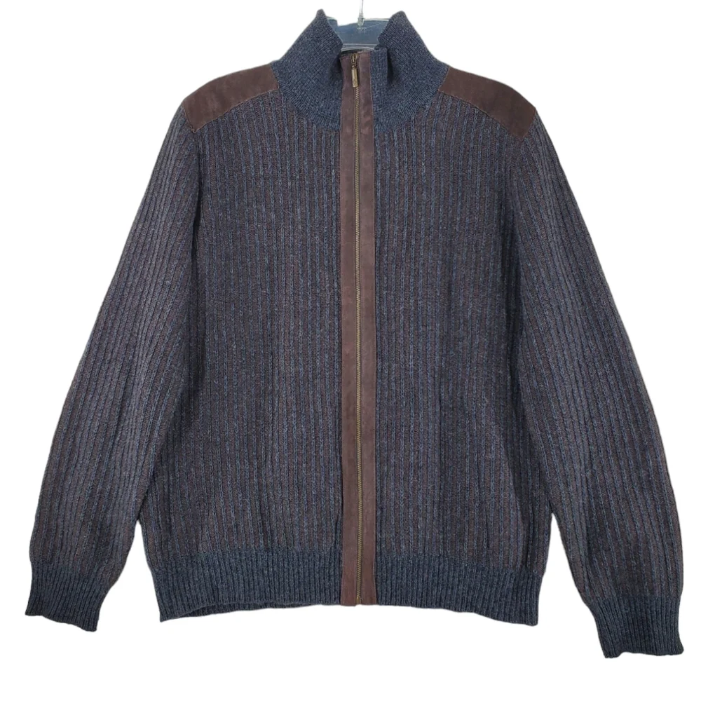 Vtg Moncler Sweater Men L Brown Gray Wool Blend Full Zip Suede Detail. Italy - Picture 11 of 12